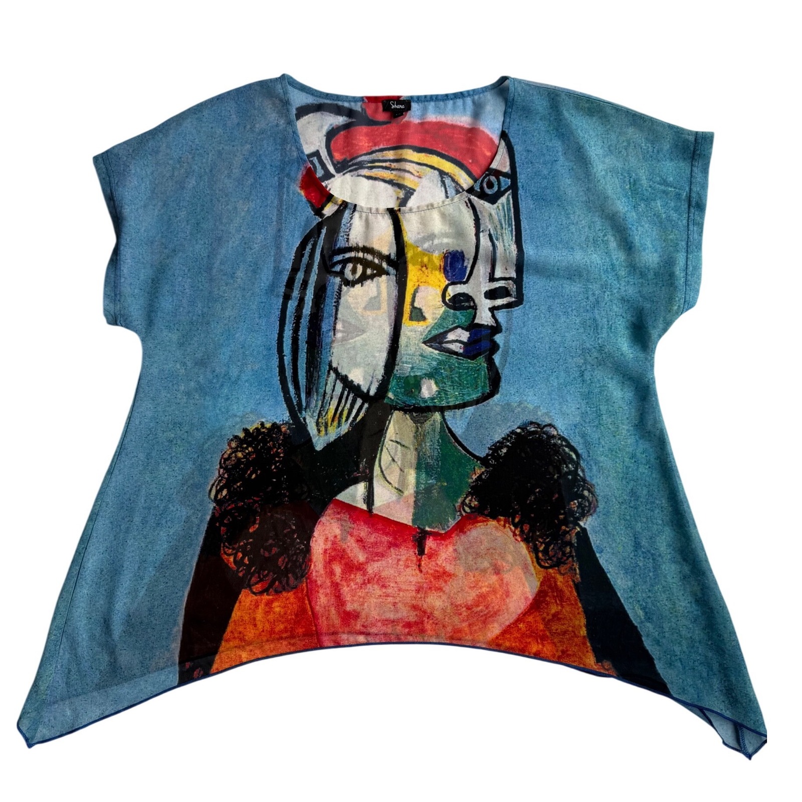 Shana Picasso Style Abstract Art Graphic Sharkbite Hem Blouse Blue Large